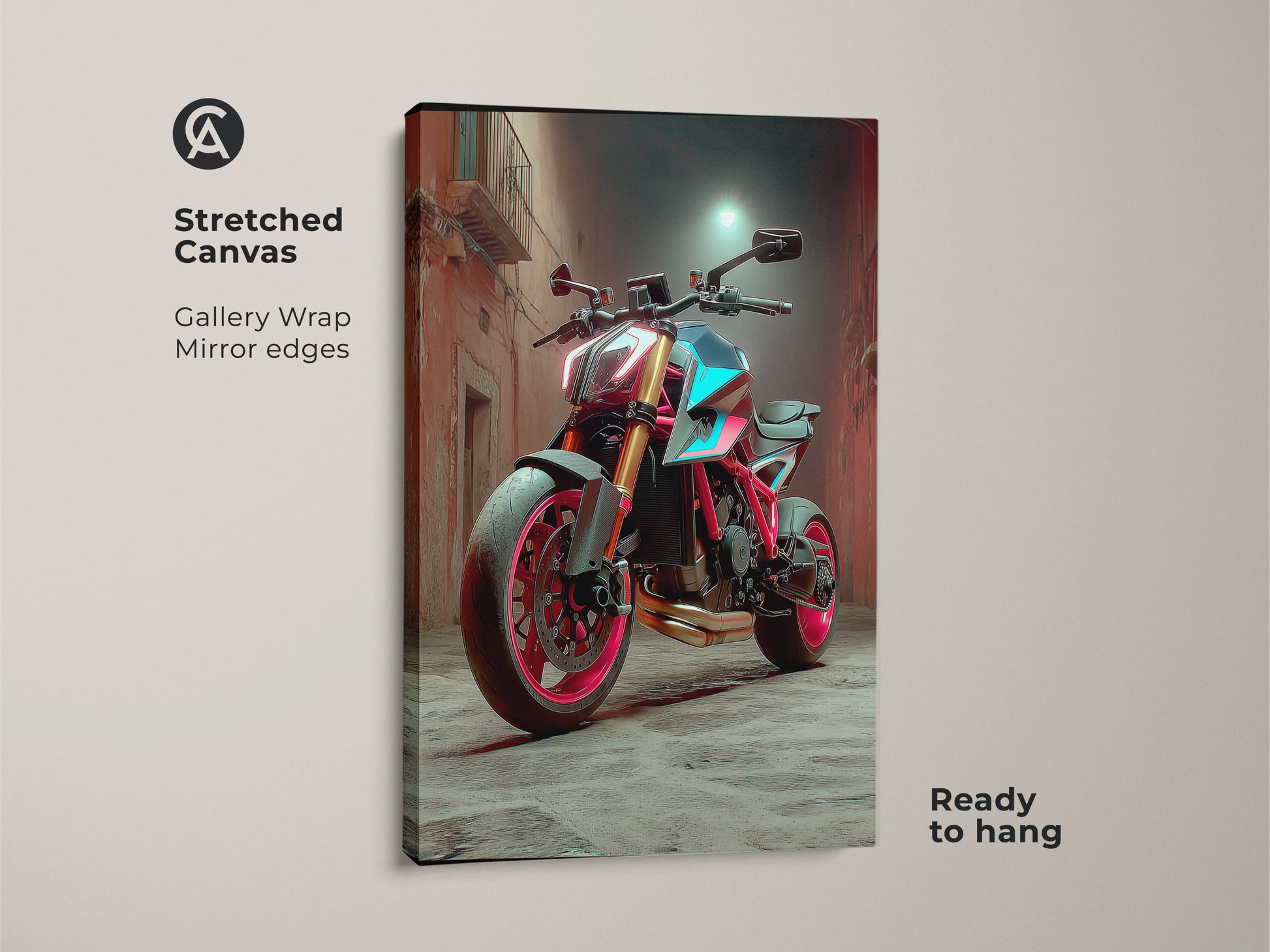 This Stretched Canvas is a gallery wrap. It features a Cyberpunk Motorcycle. The scene is a neon street. The colors are red pink and teal. It is ready to hang. A modern industrial motorcycle art.