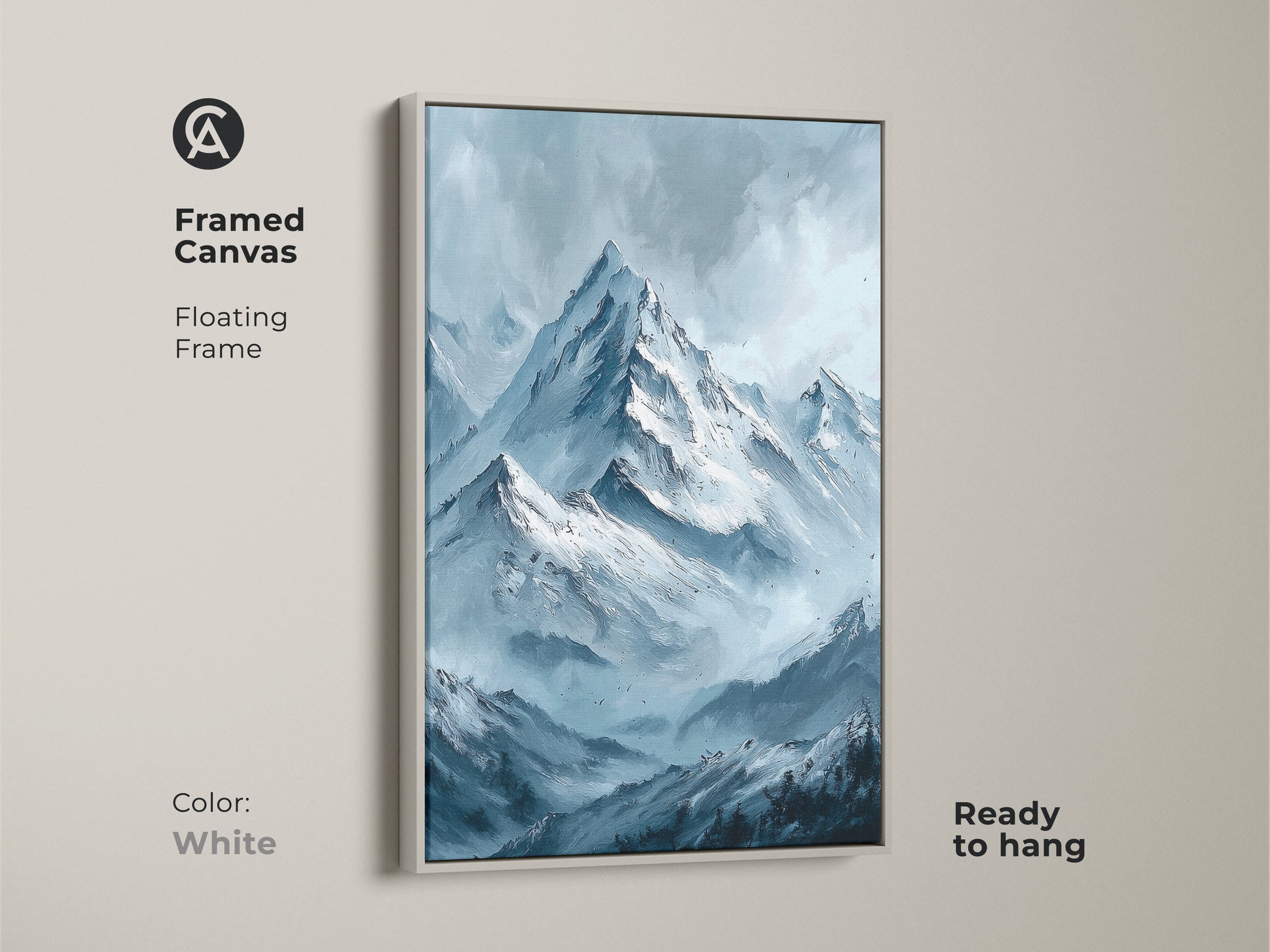 Framed canvas art print of mountains for sale. This floating frame features snow-capped mountains and a blue hue. This framed canvas comes ready to hang in white. Find the perfect piece for your home today