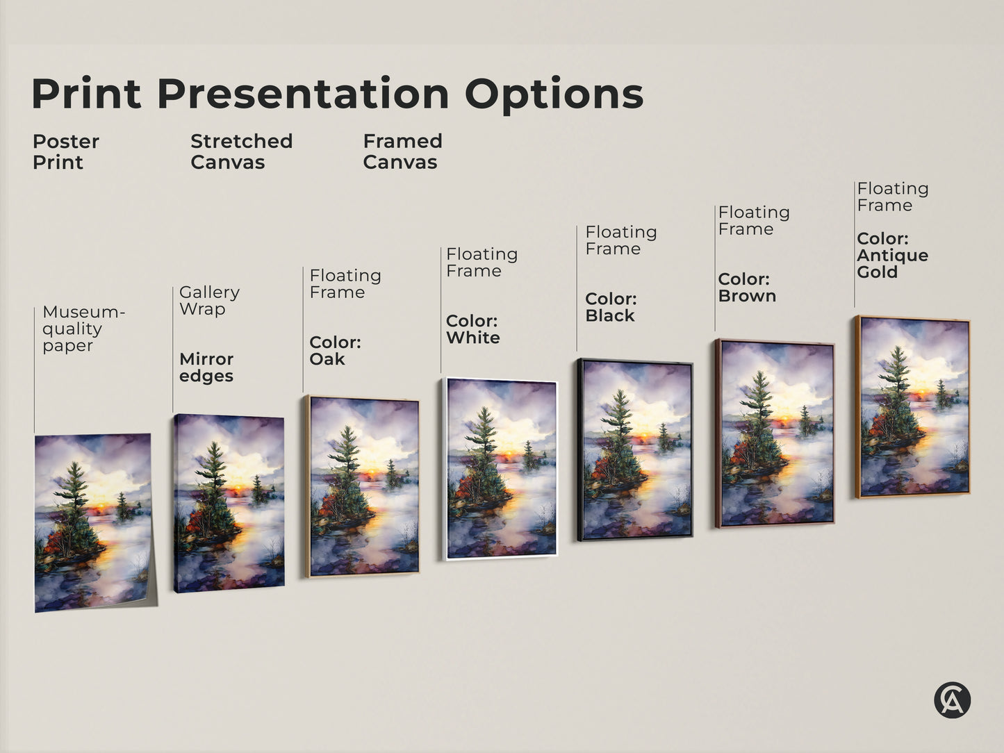 Explore print options for lake sunset wall art. Choose from poster prints stretched canvas and framed canvas. Each featuring a watercolor pine tree print for rustic home decor.