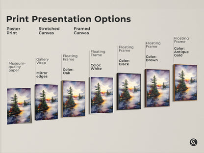 Explore print options for lake sunset wall art. Choose from poster prints stretched canvas and framed canvas. Each featuring a watercolor pine tree print for rustic home decor.