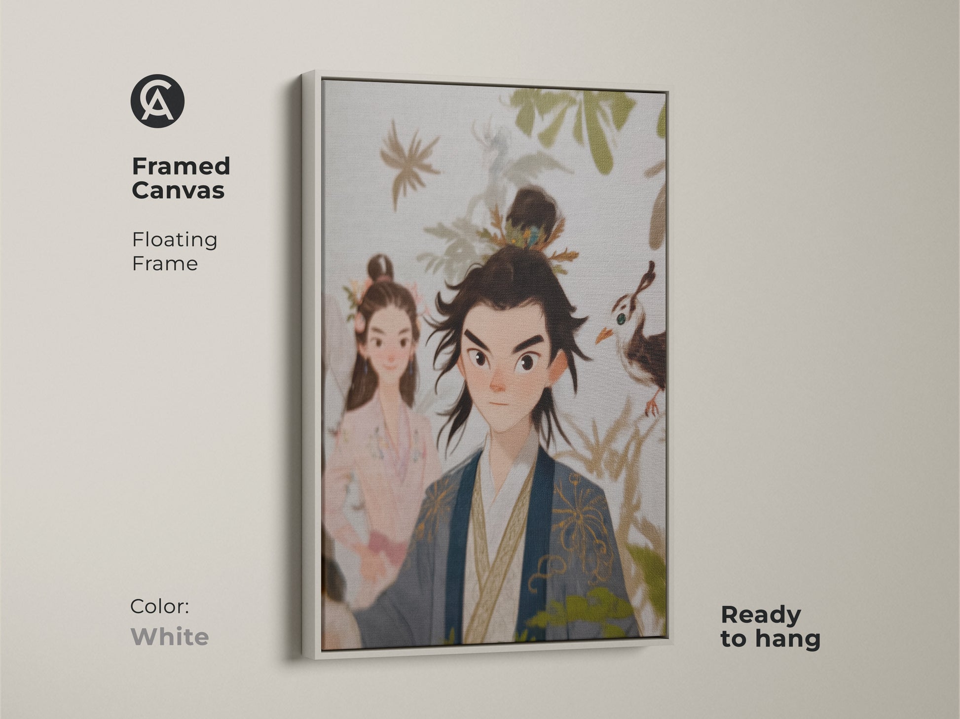 Framed canvas with white floating frame featuring a traditional Chinese couple. Ready to hang. This couple art print wall decor is an anniversary gift for a married couple. Beige blue green wall art adds eclectic home decor art.