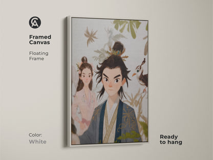 Framed canvas with white floating frame featuring a traditional Chinese couple. Ready to hang. This couple art print wall decor is an anniversary gift for a married couple. Beige blue green wall art adds eclectic home decor art.