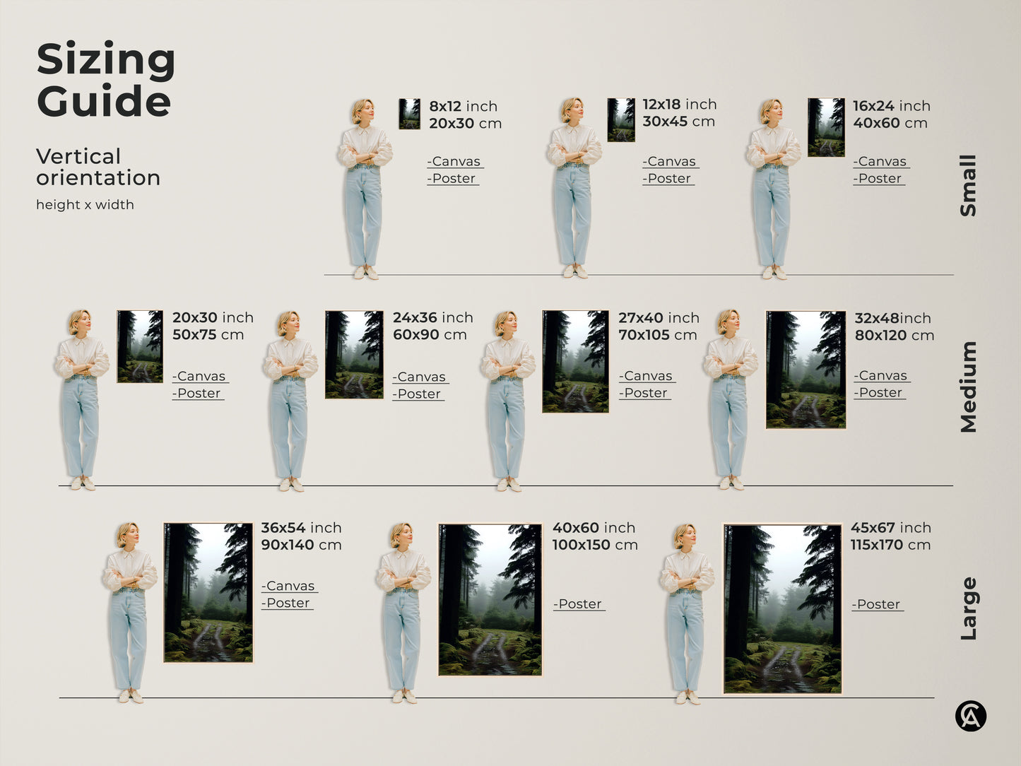 Sizing guide for vertical misty forest path artwork. Available as canvas or poster prints. See how the deep green pine trees look in various sizes. Find the perfect fit for your space. Ideal nature landscape decor for hikers and outdoor lovers.