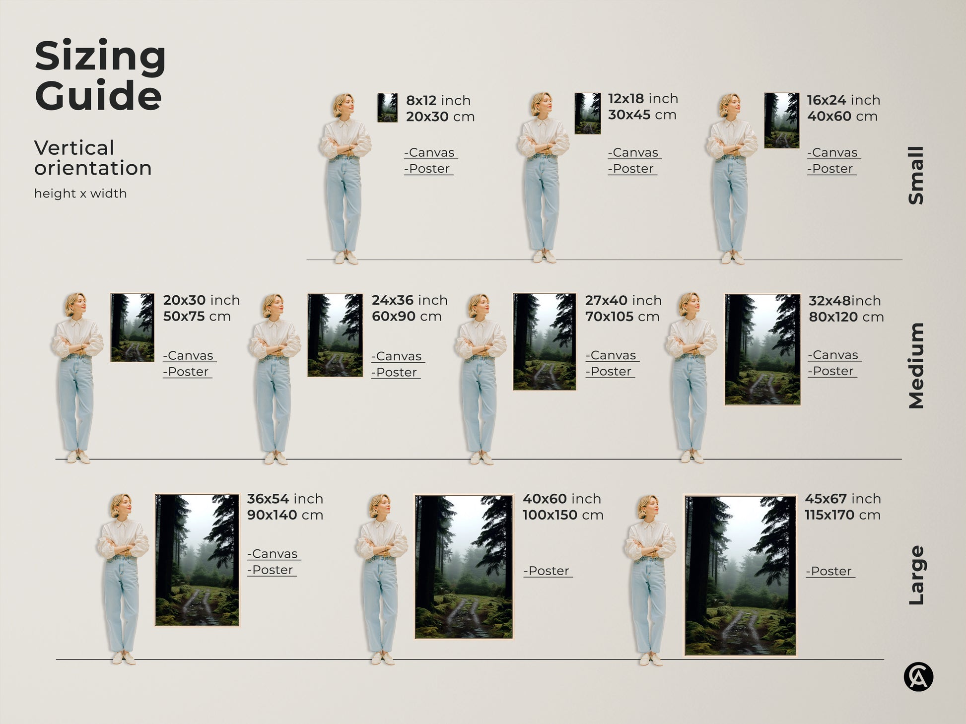 Sizing guide for vertical misty forest path artwork. Available as canvas or poster prints. See how the deep green pine trees look in various sizes. Find the perfect fit for your space. Ideal nature landscape decor for hikers and outdoor lovers.