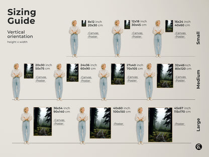Sizing guide for vertical misty forest path artwork. Available as canvas or poster prints. See how the deep green pine trees look in various sizes. Find the perfect fit for your space. Ideal nature landscape decor for hikers and outdoor lovers.