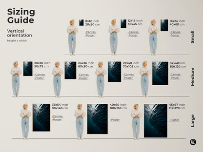 Sizing guide for vertical school of fish artwork. Available in canvas and poster options. Choose from small medium and large sizes. Find the perfect fit for your space. Sizes range from 8x12 inch to 45x67 inch. Enhance your wall decor today.