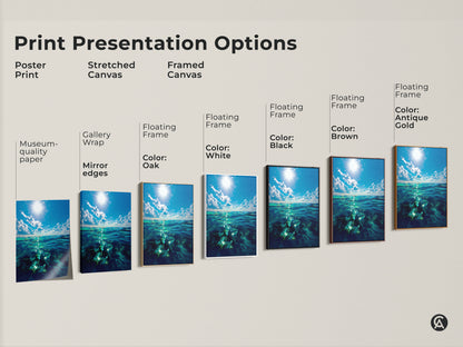 Explore print presentation options with this photorealistic ocean waves artwork. Choose from poster prints stretched canvases and framed canvases. Each option captures the beauty of the coastal blue sky and sea wall art. Find the perfect piece for your home.
