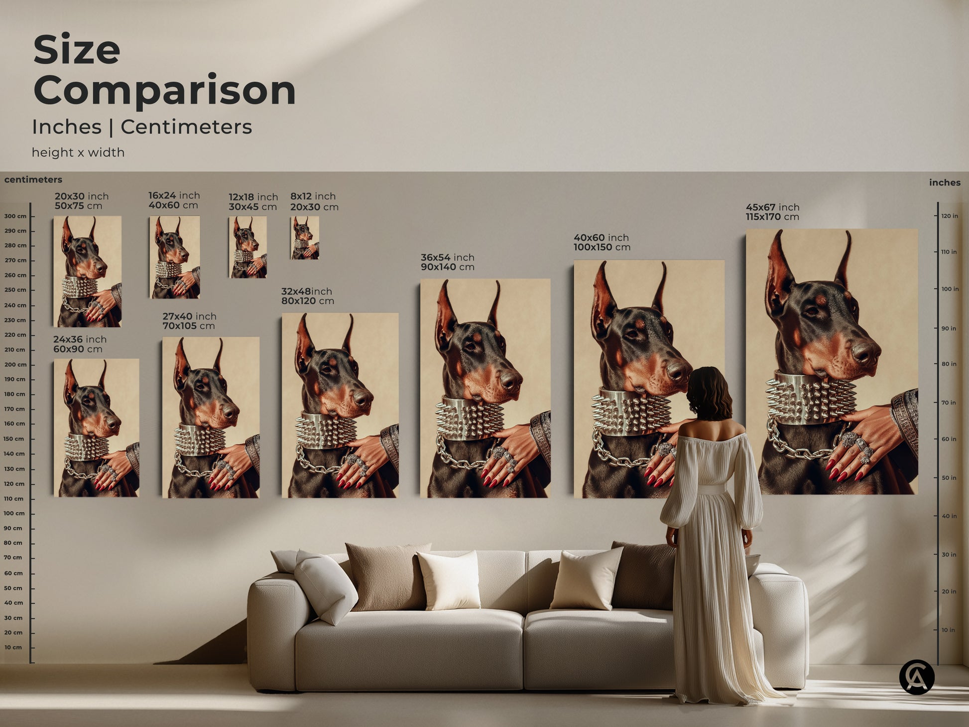 Compare sizes of this edgy Doberman artwork in inches and centimeters. A woman stands near the canvas to show scale in a living room setting. This Doberman wall decor fits perfectly over a sofa. A great birthday gift for dog dad or pet memorial art piece.