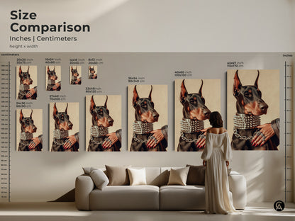 Compare sizes of this edgy Doberman artwork in inches and centimeters. A woman stands near the canvas to show scale in a living room setting. This Doberman wall decor fits perfectly over a sofa. A great birthday gift for dog dad or pet memorial art piece.
