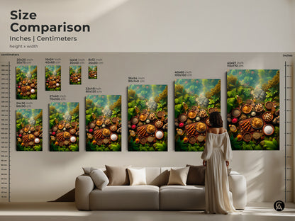 Compare sizes of our spice and ingredient artwork. Available in inches and centimeters from 16x24 to 45x67 inches. See how each size transforms your living space. Perfect for adding a touch of culinary inspiration to your walls. Choose the ideal size for your home today.