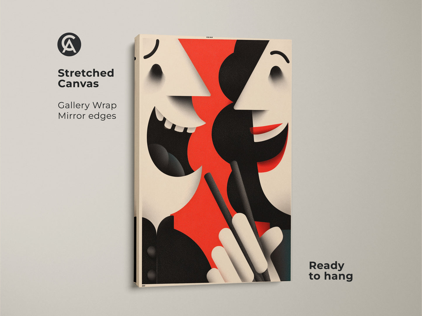 Contemporary figurative canvas print ready to hang. This abstract face wall art features a gallery wrapped stretched canvas with mirror edges. A modern art piece with red black and beige.