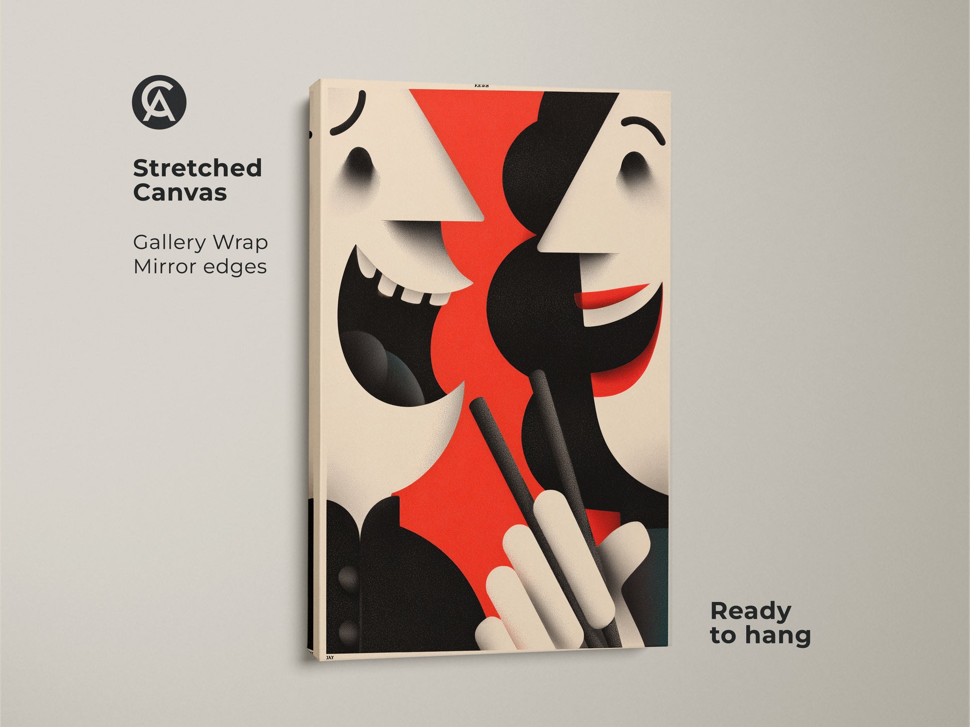 Contemporary figurative canvas print ready to hang. This abstract face wall art features a gallery wrapped stretched canvas with mirror edges. A modern art piece with red black and beige.