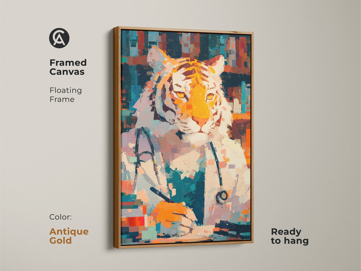 Framed canvas featuring a tiger doctor with an antique gold floating frame. The frame adds a touch of luxury to this unique artwork. It's ready to hang and enjoy in any room. The perfect blend of art and sophistication. Ideal for collectors and art lovers.