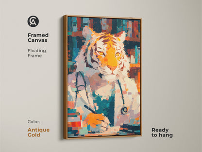 Framed canvas featuring a tiger doctor with an antique gold floating frame. The frame adds a touch of luxury to this unique artwork. It's ready to hang and enjoy in any room. The perfect blend of art and sophistication. Ideal for collectors and art lovers.