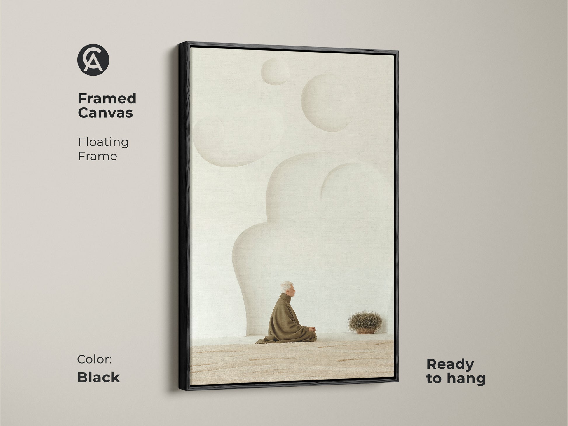 Framed Canvas with a floating black frame featuring a Zen elderly man in cream and tan tones. This framed minimalist wall decor is ready to hang and brings a spiritual touch to any room. A perfect housewarming gift or special present for fans of meditation.