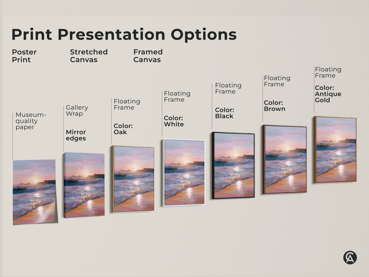 Explore print presentation options for ocean sunset artwork. Choose from poster prints stretched canvases or framed canvases with various frame colors. Find the perfect coastal landscape print for your home decor vision. Visualize the possibilities.