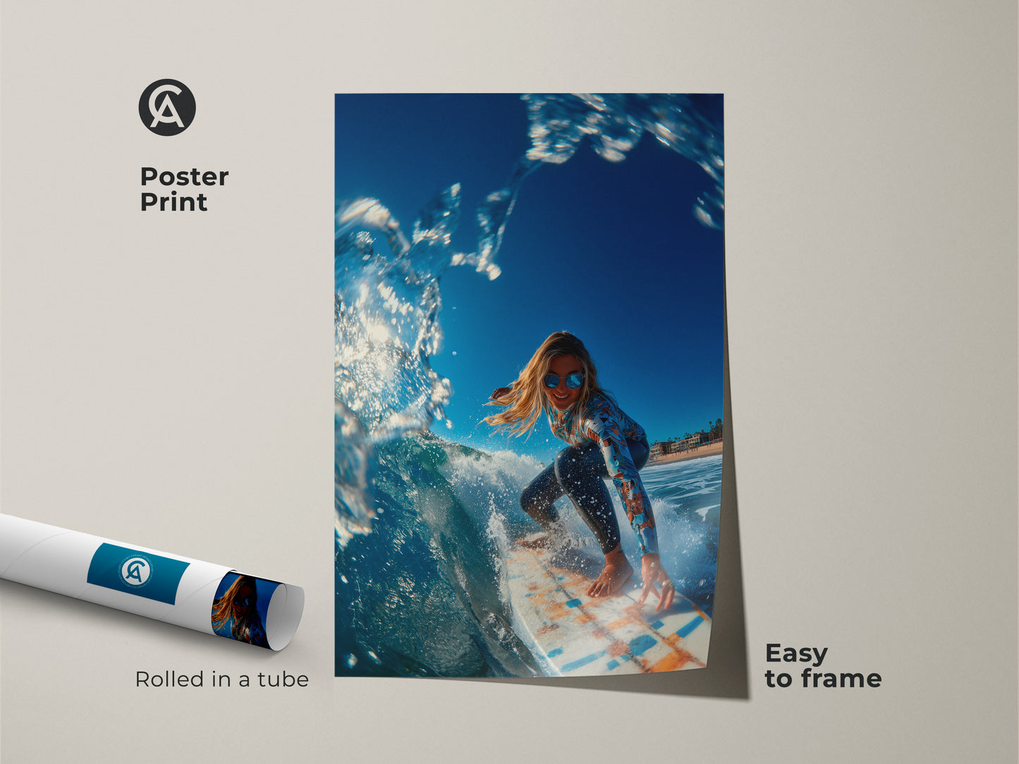 Poster print of a surfer girl riding a wave. The poster is rolled in a tube for easy framing. The surfer girl is wearing sunglasses and a long-sleeve swimsuit. Museum-quality paper art.