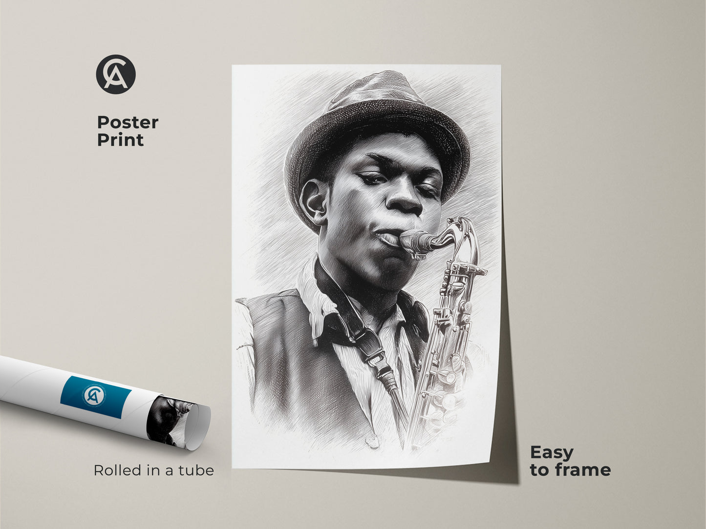 Poster print of a pencil drawing of a musician playing the saxophone. Rolled in a tube and easy to frame. This poster brings musical artistry to your space. Ideal for those who appreciate jazz and want an affordable art solution this poster is a great option. Frame it to match your decor.
