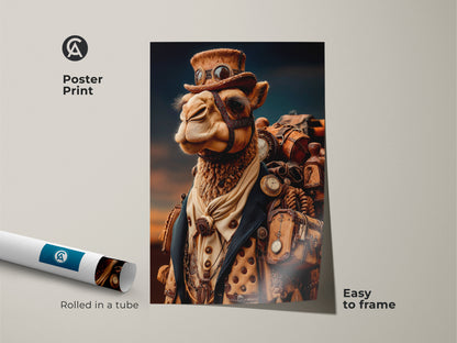Poster Print Steampunk Camel artwork. This poster features a camel with Victorian-era accessories. It's easy to frame and adds fantasy animal art to your home. Rolled in a tube for protection.