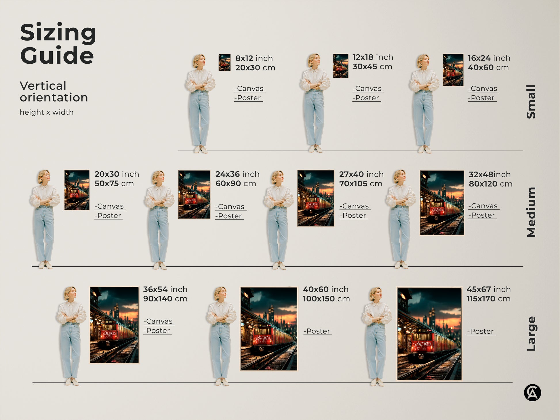 Sizing guide for cityscape graffiti artwork. This shows vertical orientation options from small to large. Each size is available as canvas or poster. Find the perfect fit for your space. This industrial train station decor adds a touch of urban art.