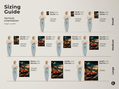 Sizing guide for cityscape graffiti artwork. This shows vertical orientation options from small to large. Each size is available as canvas or poster. Find the perfect fit for your space. This industrial train station decor adds a touch of urban art.