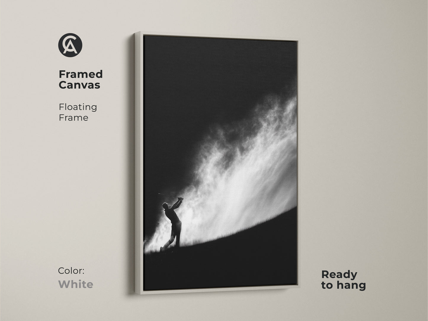 Framed canvas art print displaying a golfer. This black and white artwork has a clean white floating frame. It's a ready-to-hang piece. A stylish addition for golf art admirers. This framed canvas comes in White color.