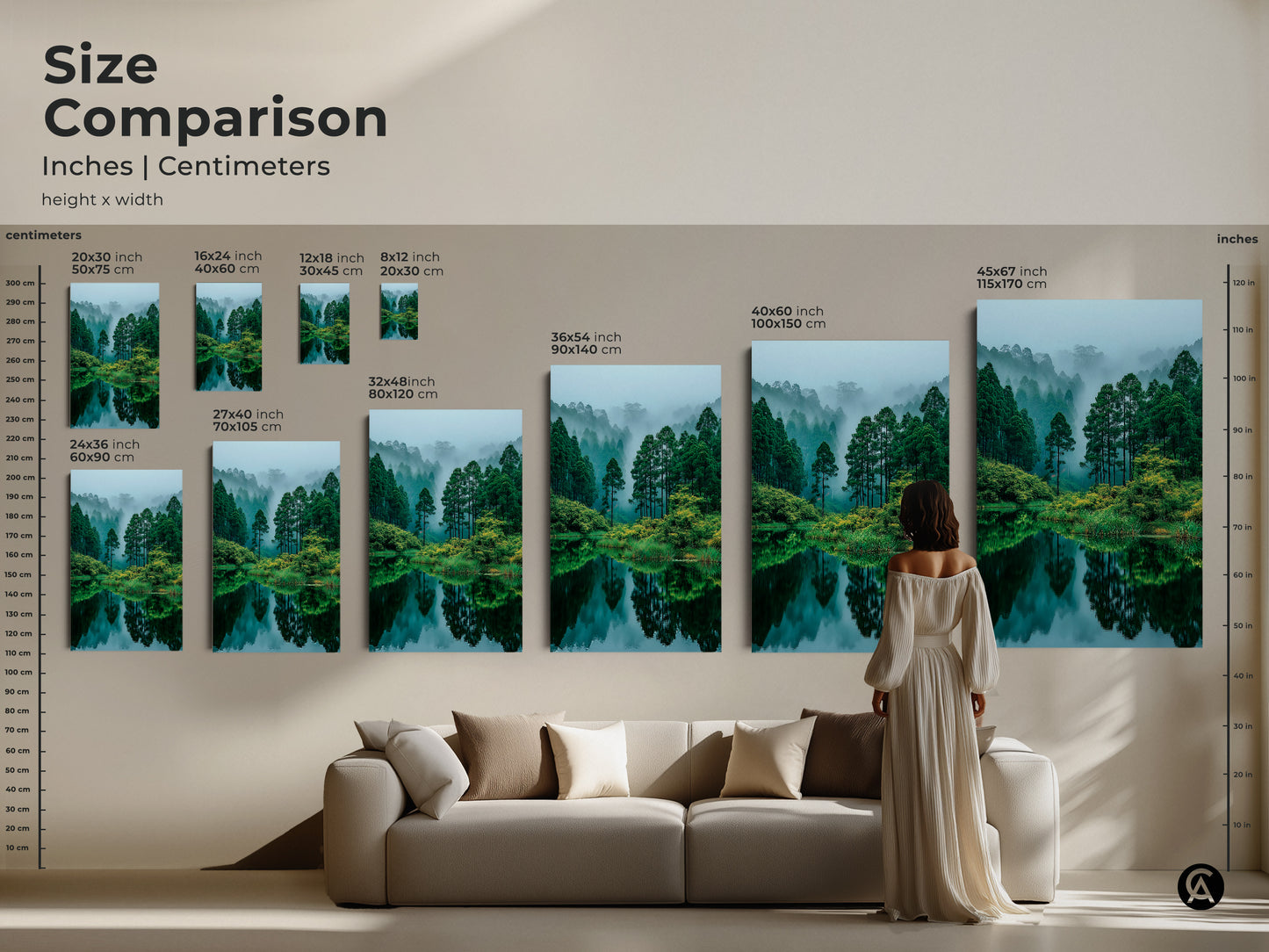Size comparison of the forest lake art print in inches and centimeters. See how different sizes fit with furniture. This artwork will enhance any room. Choose from a range of sizes to suit your style.