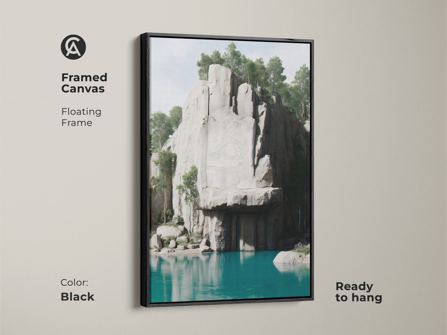 Framed cliff art featuring a breathtaking landscape. This teal lake and cliff canvas is ready to hang. The black floating frame enhances the modern home nature art.