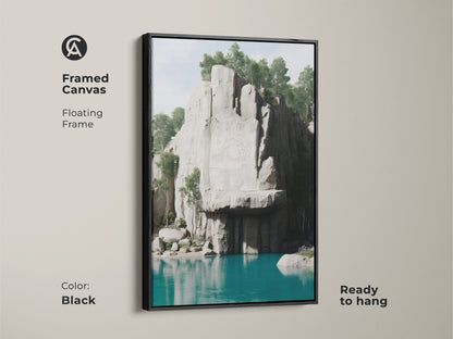 Framed cliff art featuring a breathtaking landscape. This teal lake and cliff canvas is ready to hang. The black floating frame enhances the modern home nature art.
