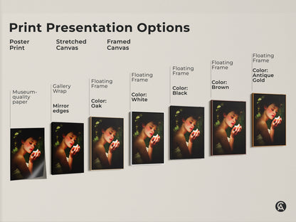 Print presentation options display Renaissance woman portrait art. This shows poster print stretched canvas and framed canvas. Each features a woman with peach and green apple. Choose classic still life wall art for eclectic bedroom decor. Find the perfect gift for art lovers.