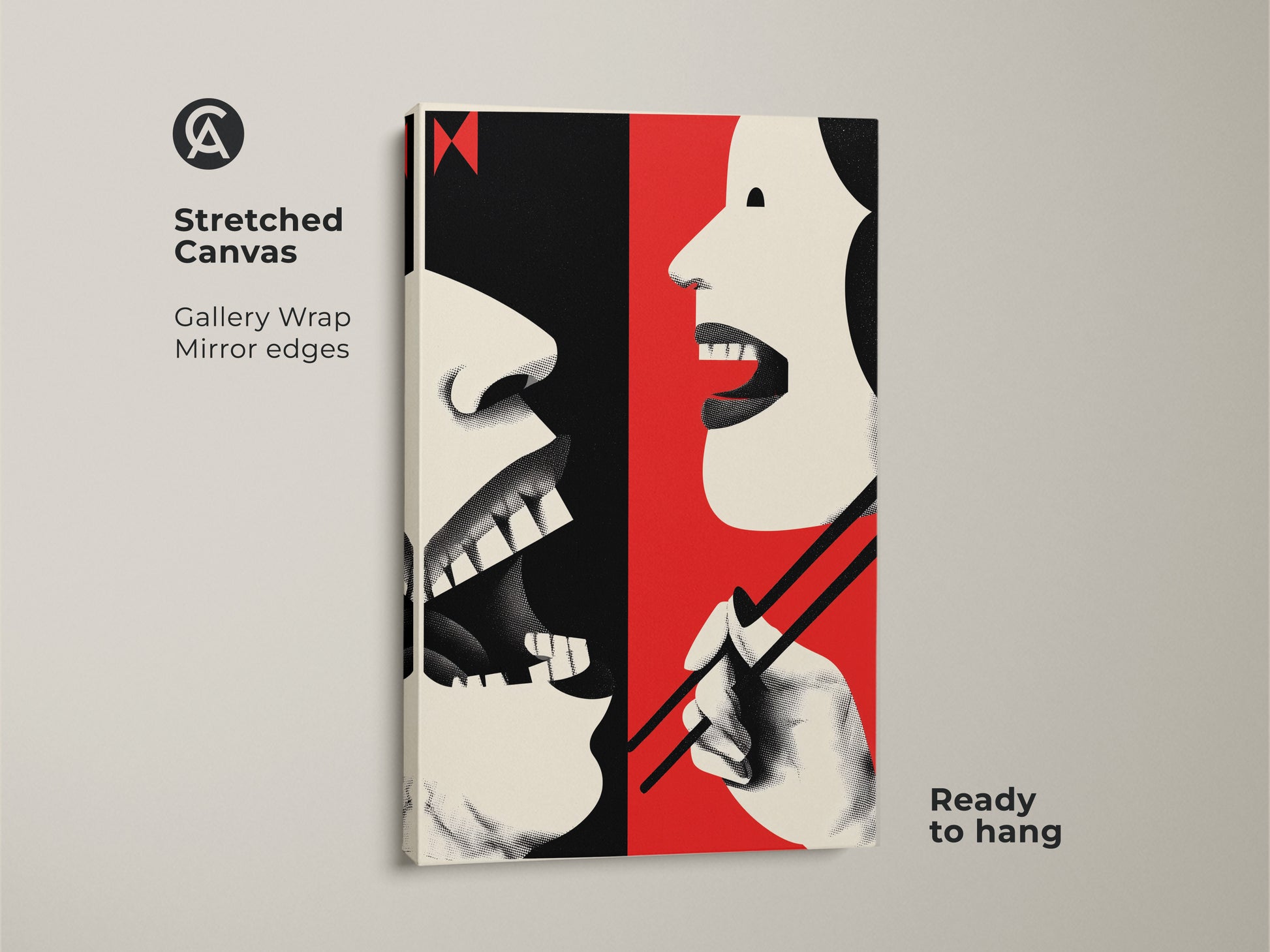 Stretched canvas of a kitchen wall art print. The artwork features an abstract mouth and chopsticks. It's a retro eclectic dining decor in red cream and black. Ready to hang and perfect as a foodie housewarming gift.