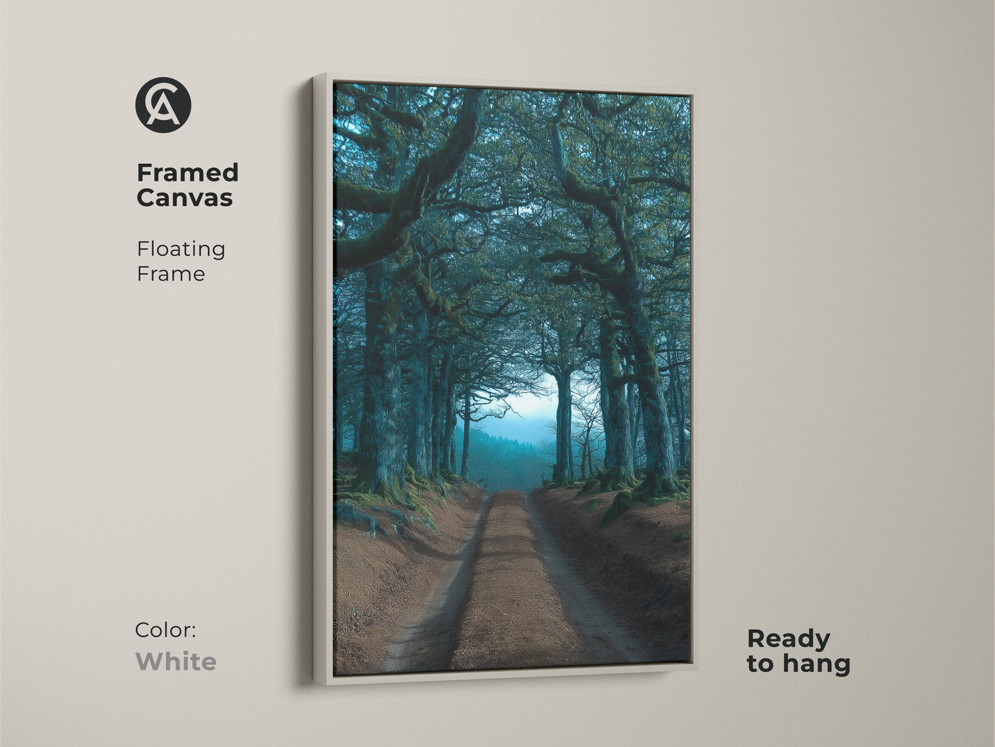 A framed canvas with a floating frame showcases an emerald teal tree tunnel canvas. This dark academia landscape artwork is ready to hang. The white frame offers a clean look to this forest path artwork.