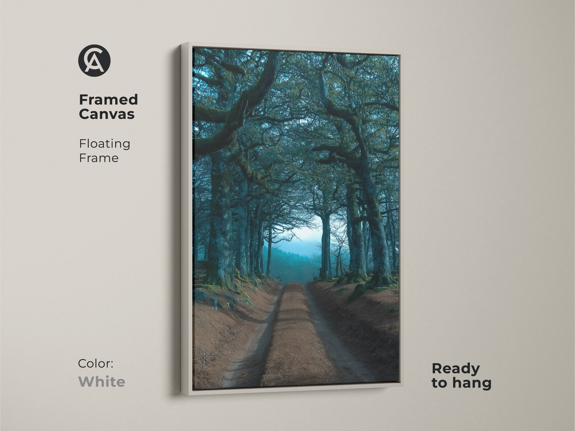A framed canvas with a floating frame showcases an emerald teal tree tunnel canvas. This dark academia landscape artwork is ready to hang. The white frame offers a clean look to this forest path artwork.