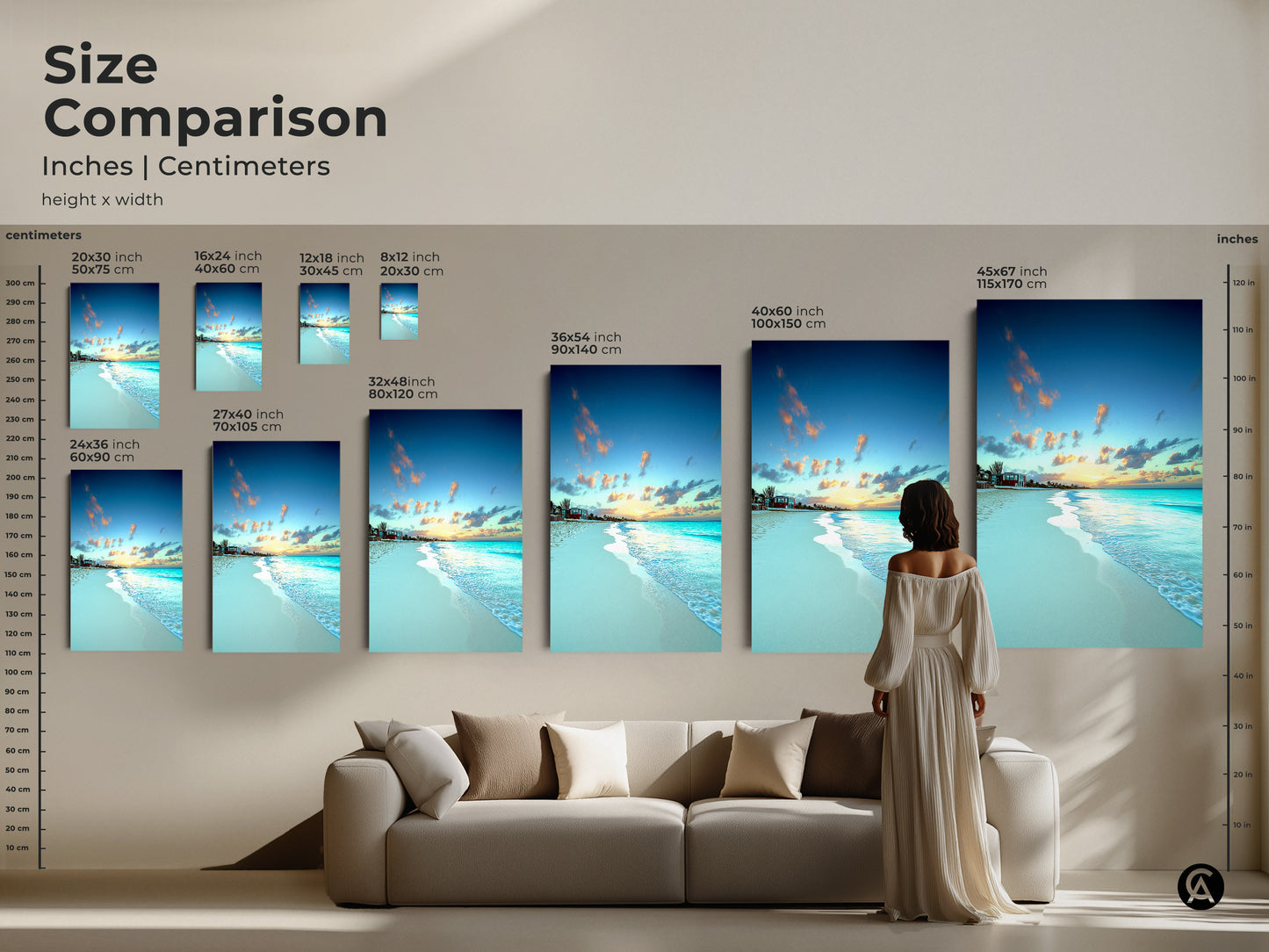 Size comparison shows inches and centimeters for the tropical artwork. A woman views the art above a sofa. Choose the perfect size for your living space or bedroom.