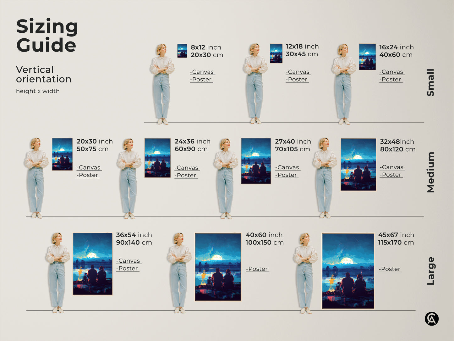 Sizing guide for vertical orientation art prints. See canvas and poster options in small medium and large sizes. Find the perfect fit for couple camping full moon artwork. Customize to fit your space.