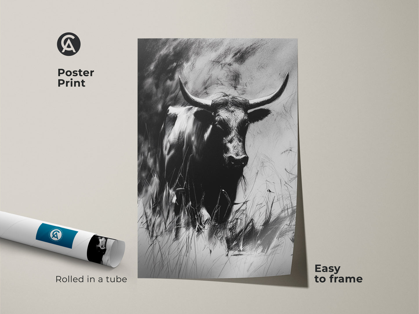 A poster print of a black and white bull art. The charcoal sketch longhorn is rolled in a tube for easy framing. This wildlife animal print is perfect for study or office decor. It adds rustic charm.
