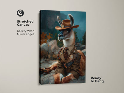 A stretched canvas gallery wrap of the Cowboy Llama art. The artwork features a surreal animal portrait in a cowboy hat. Ready to hang this piece offers a unique eclectic decor gift for a study room or office space.