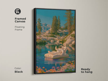 A framed canvas featuring an astronaut floating. This surreal mountain lake canvas includes blue green teal nature wall art. The contemporary digital art makes a great housewarming gift. It is a serene landscape art print. This modern surrealism wall art is ready to hang.