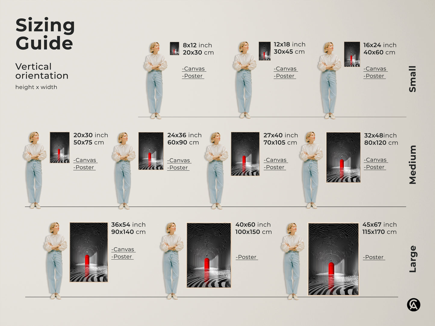 Sizing guide for vertical tunnel artwork with a red door. Available in small medium and large sizes. Visualize the perfect fit for your space. Options include canvas and poster prints. Transform your walls with this captivating artwork. Find the ideal size today.
