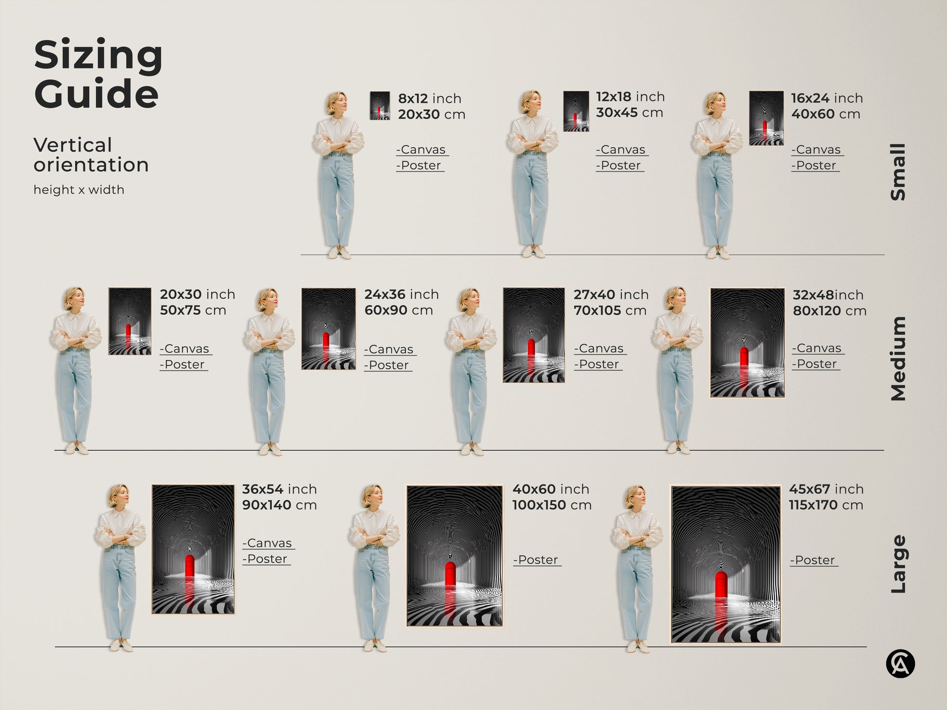 Sizing guide for vertical tunnel artwork with a red door. Available in small medium and large sizes. Visualize the perfect fit for your space. Options include canvas and poster prints. Transform your walls with this captivating artwork. Find the ideal size today.