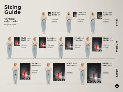 Sizing guide for vertical tunnel artwork with a red door. Available in small medium and large sizes. Visualize the perfect fit for your space. Options include canvas and poster prints. Transform your walls with this captivating artwork. Find the ideal size today.