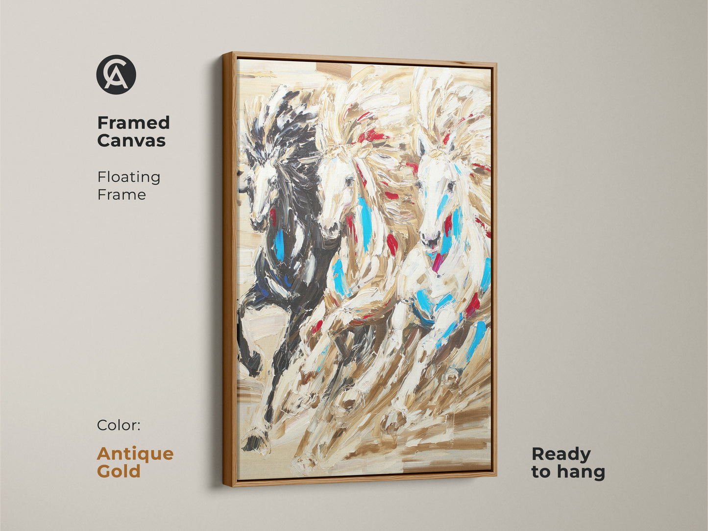 This framed canvas art presents three horses in motion. The antique gold floating frame enhances the animal spirit art. It is ready to hang and offers a rustic western decor feel.