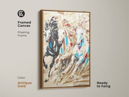 This framed canvas art presents three horses in motion. The antique gold floating frame enhances the animal spirit art. It is ready to hang and offers a rustic western decor feel.