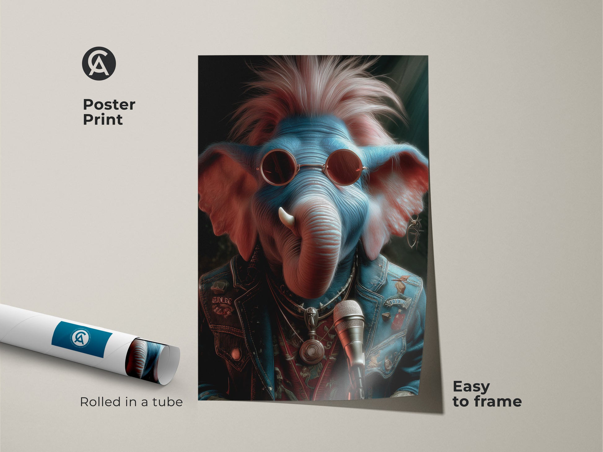 This poster print displays a blue pink punk rock elephant art piece. Rolled in a tube for easy framing. It's a quirky home decor accent. Ideal as a music lover gift art. This surreal animal artwork is a cool addition to any themed wall art decor.