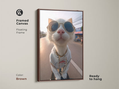 Framed canvas art featuring a stylish cat with sunglasses and a hoodie. The floating frame is brown enhancing the artwork's warmth. Ready to hang this piece adds feline charm to any room. Perfect for those who love unique animal art.