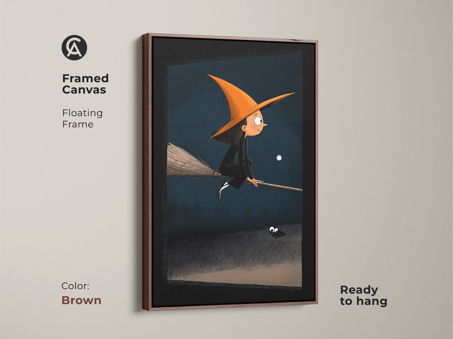This framed canvas presents a Halloween witch art print with a floating frame in brown. The artwork features a young witch on a broomstick under a dark blue moonlit sky. A friendly spider adds to the whimsical fantasy theme. Ready to hang this piece brings spooky fun to a child's room. Great as fantasy Halloween gift.