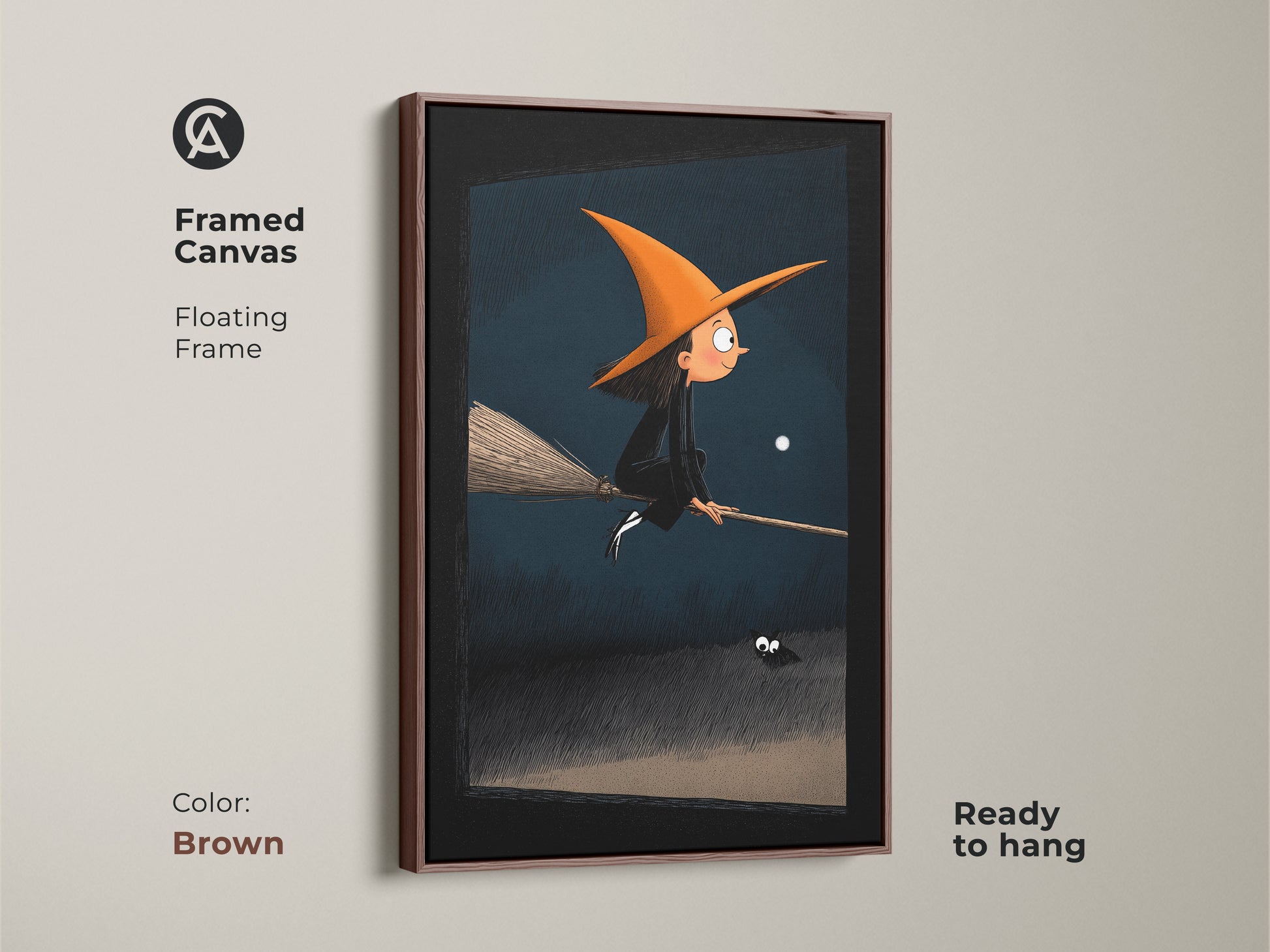 This framed canvas presents a Halloween witch art print with a floating frame in brown. The artwork features a young witch on a broomstick under a dark blue moonlit sky. A friendly spider adds to the whimsical fantasy theme. Ready to hang this piece brings spooky fun to a child's room. Great as fantasy Halloween gift.