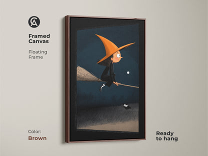 This framed canvas presents a Halloween witch art print with a floating frame in brown. The artwork features a young witch on a broomstick under a dark blue moonlit sky. A friendly spider adds to the whimsical fantasy theme. Ready to hang this piece brings spooky fun to a child's room. Great as fantasy Halloween gift.