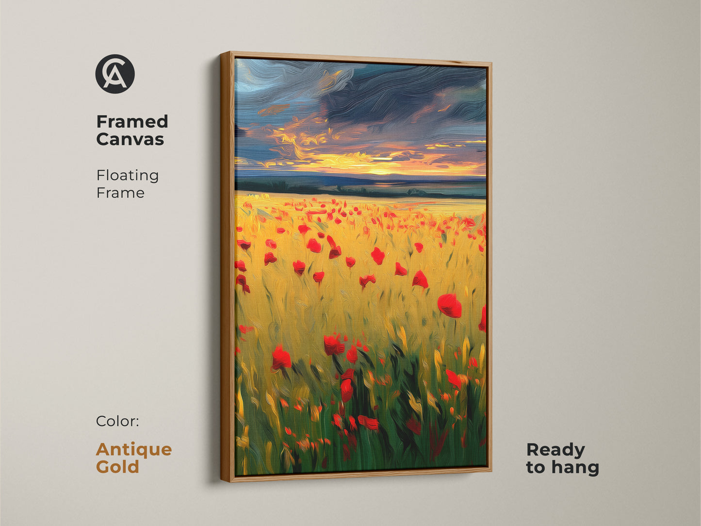 An antique gold floating frame highlights this canvas art of a vibrant poppy field. The ready to hang landscape adds rustic charm to bohemian homes. It is a thoughtful housewarming gift.