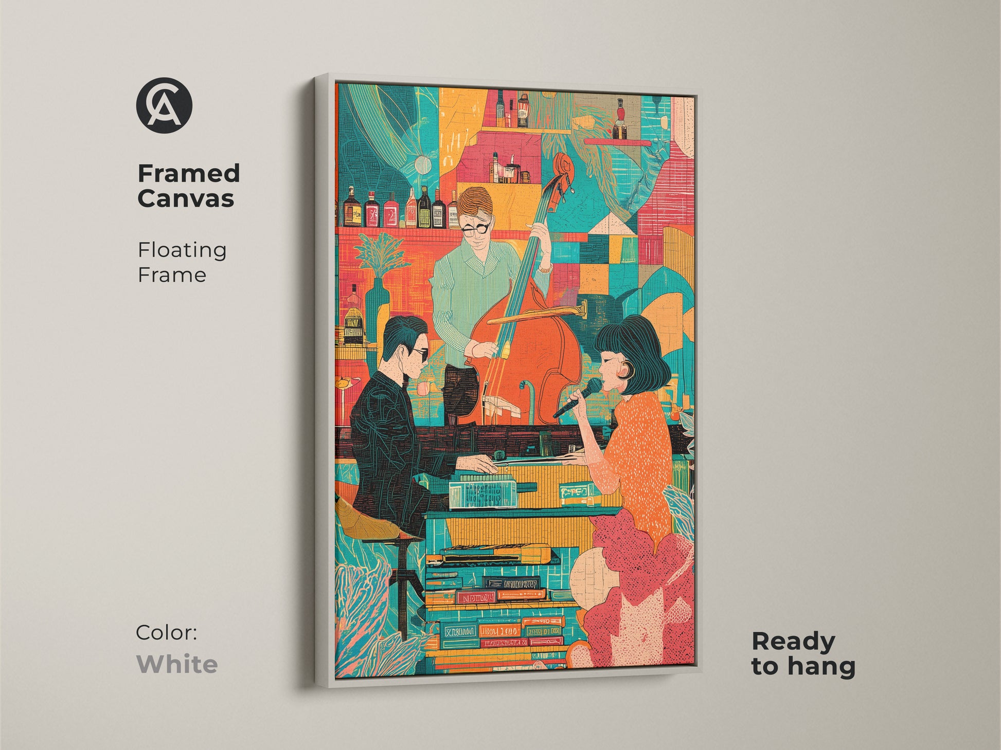 A framed canvas of a Mid-Century Modern Jazz Band in a floating white frame. This retro singer and bassist artwork is ready to hang. The art adds an eclectic touch with its orange and teal colors. It is an ideal piece of home decor for music enthusiasts.